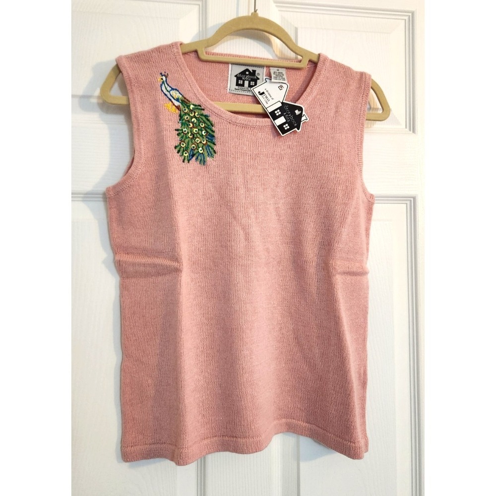 Storybook Knits Women's Pink Shell Top Sz M Peacock Embroidered Pull Over NWT
